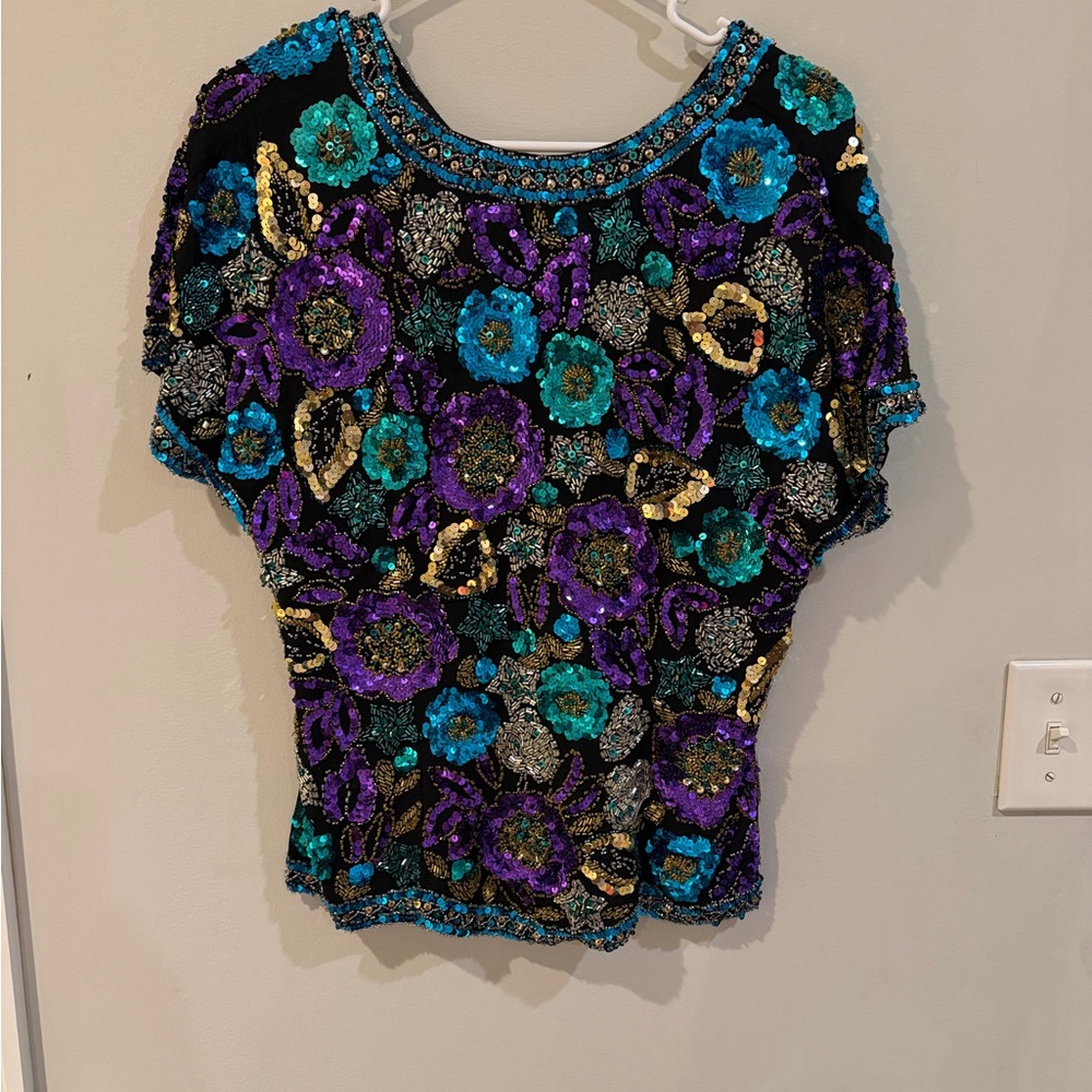Elegant Floral Sequin Top - Purple, Blue, Gold